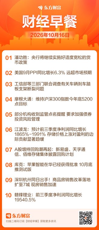 东方财富财经早餐 10月16日周五